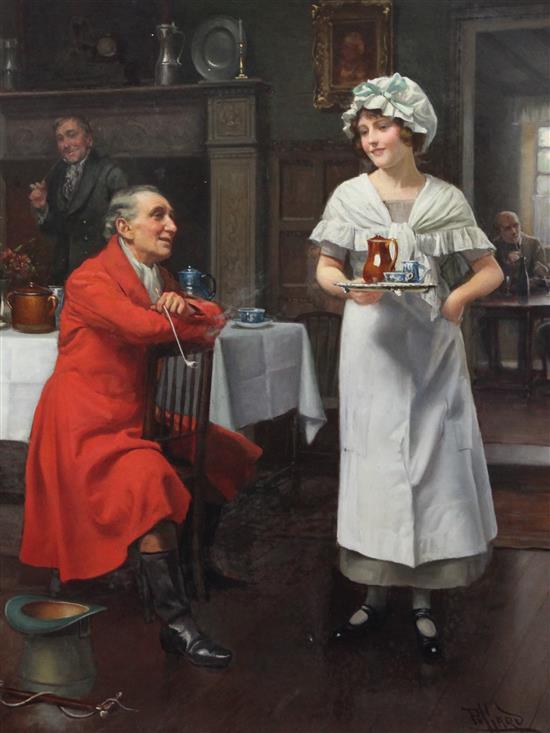 Harold Hume Piffard (fl. 1895-1899) Tavern interior with huntsman and serving maid, 25 x 19in.